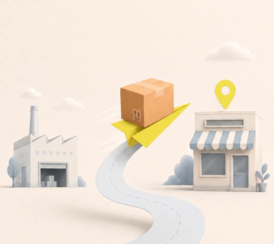 Illustration of a package traveling from factory to retail store